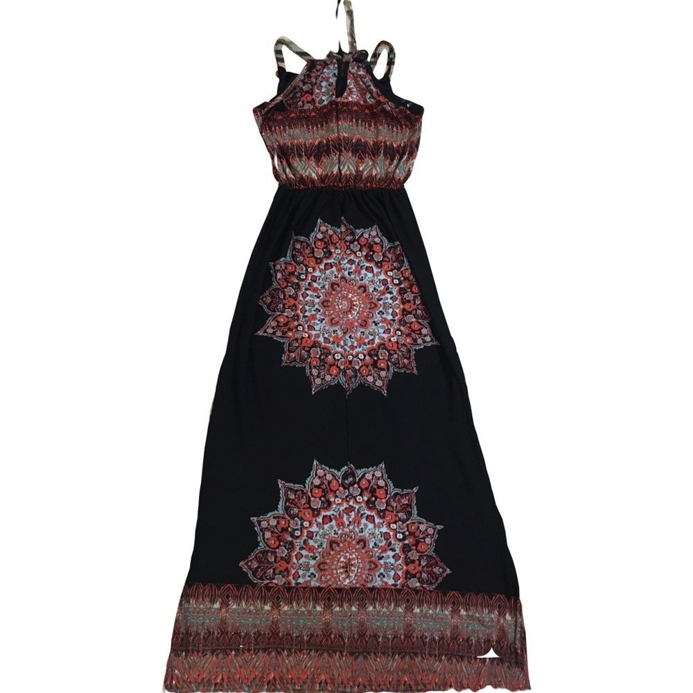 Love MEDIUM maxi dress bohemian elastic waist high neck rope tie mandala NWOT